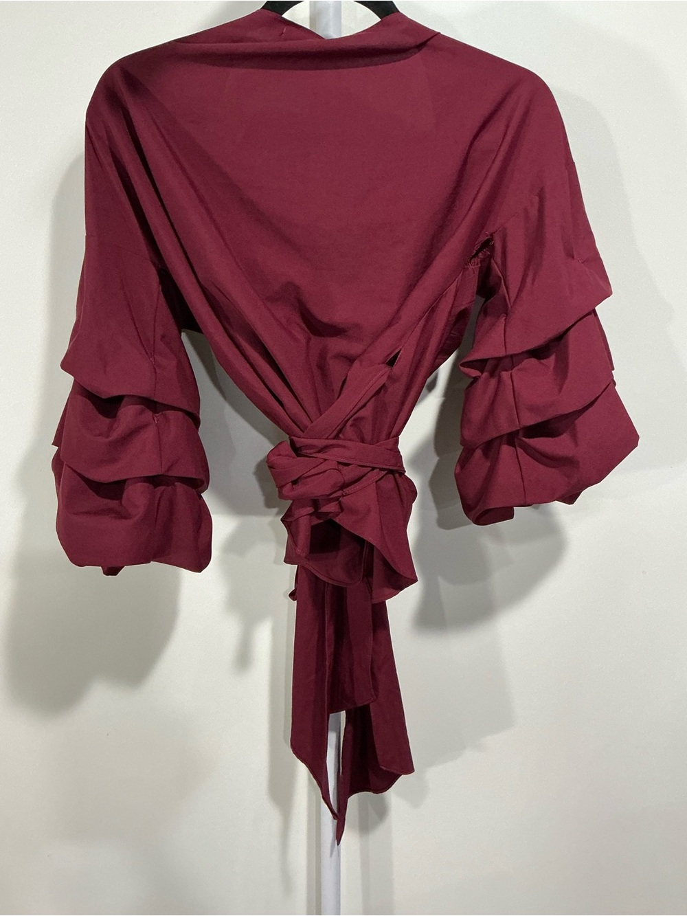 Boohoo Burgundy Ruffle Sleeve Wrap Blouse - Picture 3 of 5